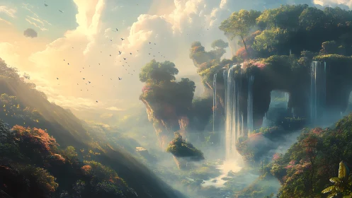 Floating forests pour waterfalls into a mist-sung valley