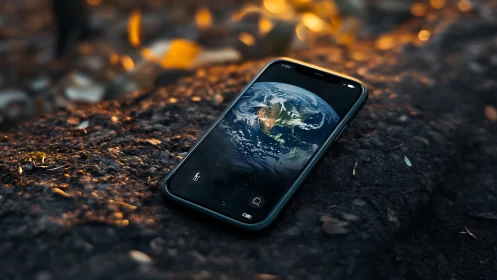 Pocket universe glows on fallen smartphone in ember dusk.