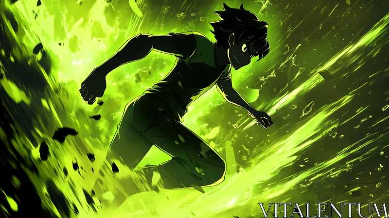 Glowing green hero rushes forward through explosive energy