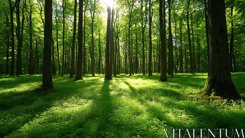 Sunlight streaming through lush green forest, tranquil nature scene.