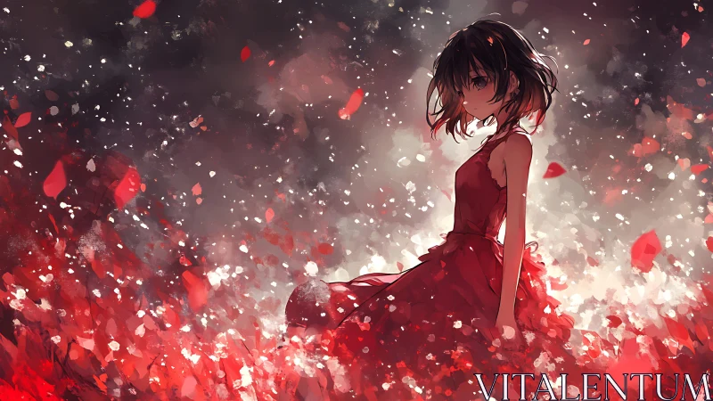 Girl in red dress standing in glowing red flower field.