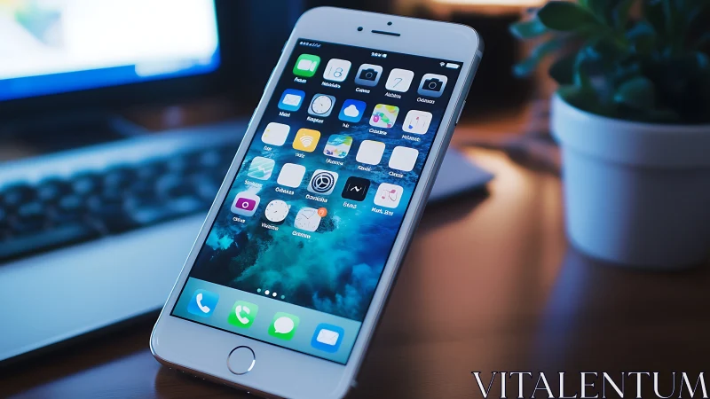 Glowing Portal: iPhone Home Screen Dominates Modern Workspace Theater