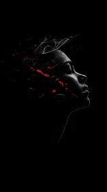 Silhouetted profile dissolves into red smoke fragments.