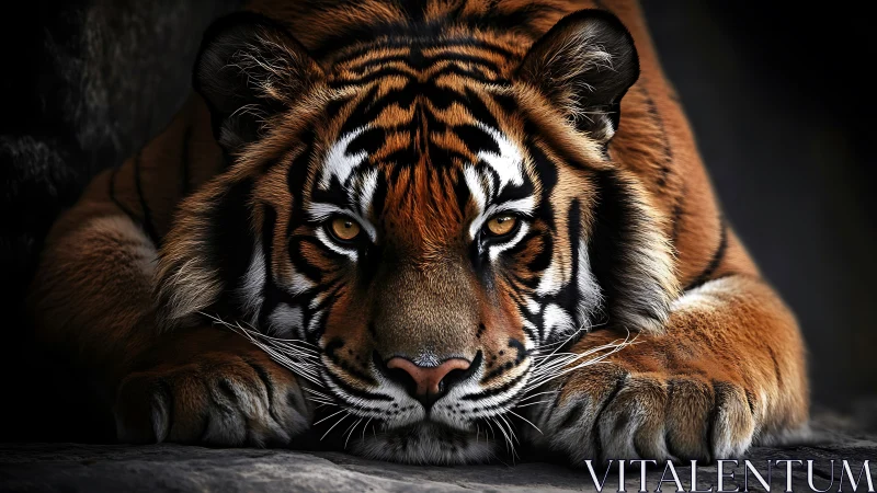 Resting tiger in low light with frontal, symmetrical view.