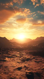 Sunlit rocky valley under warm clouds at low horizon sunset