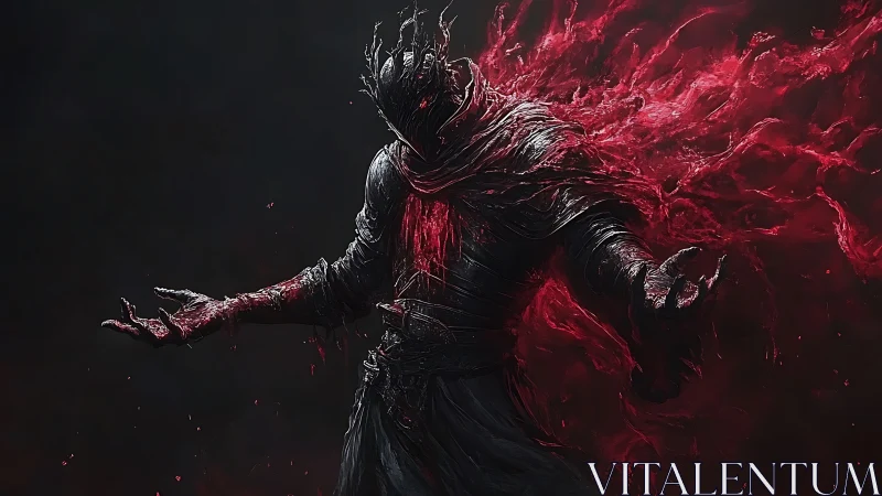 Shadow wraith unleashes crimson energy in a dark void