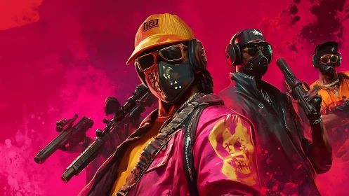 Neon mask squad stalking through electric magenta chaos.