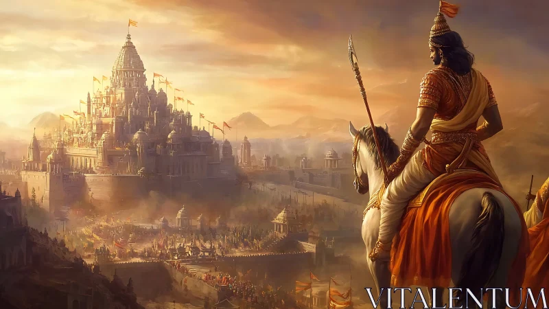 Golden warrior gazes toward a radiant ancient kingdom.