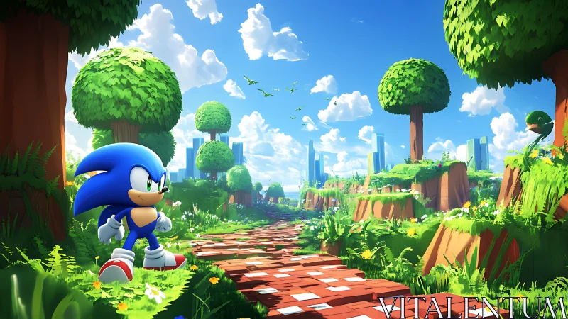 Stylized 3D hedgehog on tiled path in lush voxel-like valley