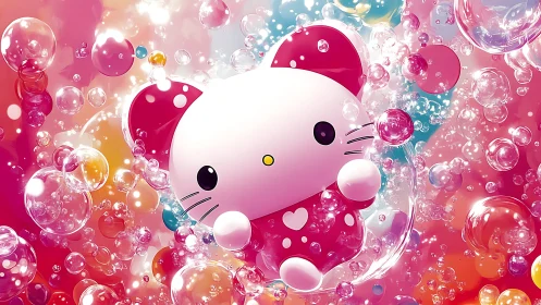 Pink kawaii bubble kitten in saturated candy color foam field