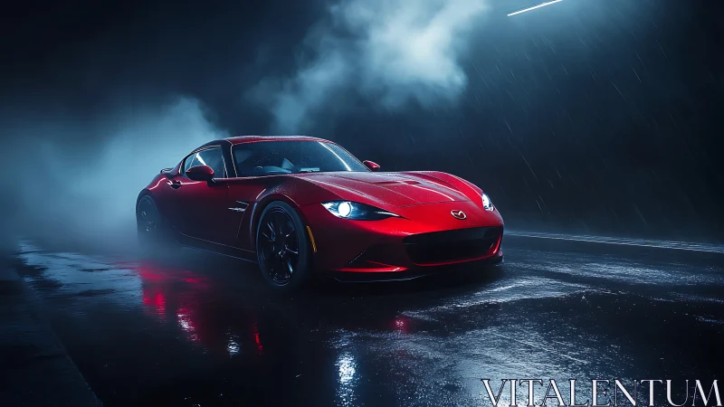 Red sports coupe cuts through cinematic rain with moody lighting