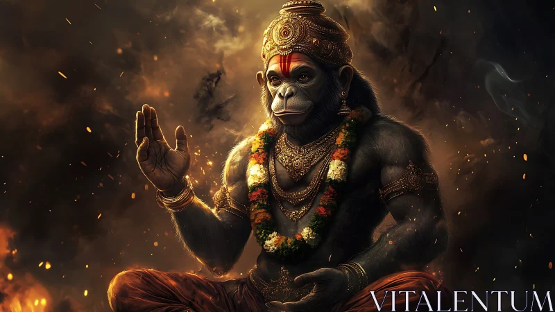 Divine simian deity sits in firelit aura, blessing hand raised