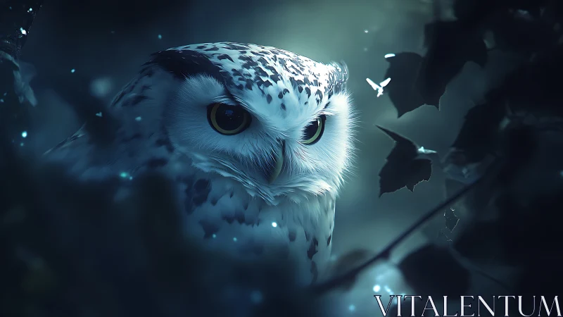 Majestic white owl in mystical forest, soft blue lighting, fantasy style.