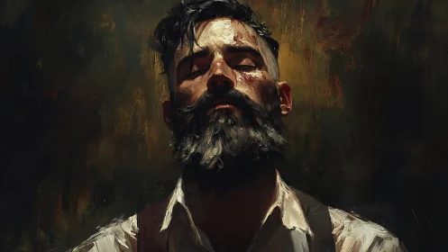 Bearded man in contemplative pose under dramatic light.