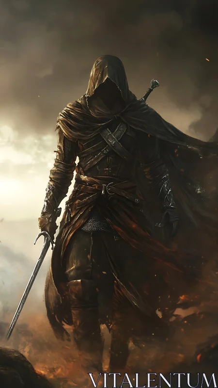 Hooded shadowblade strides through embers of a dying battlefield.