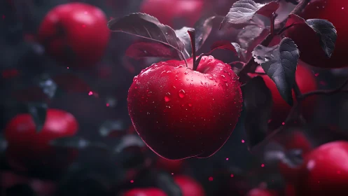 Close-up red apple with water droplets on dark foliage.