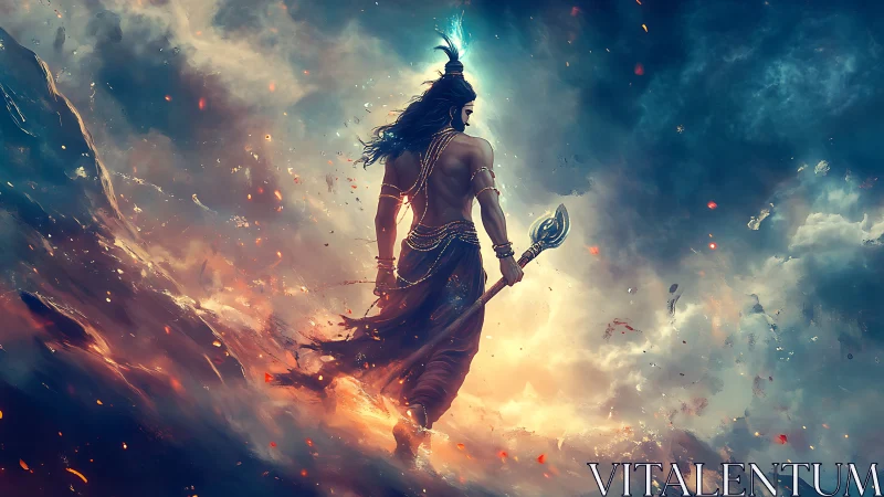 Warrior with spear walks through glowing storm clouds