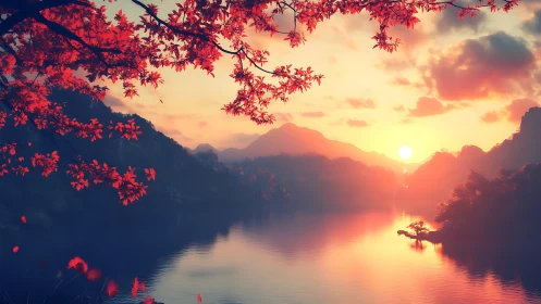 Sunset over calm lake with red foliage framing view.