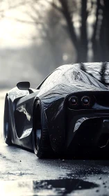 Black sports car rear view on wet road in muted daylight.