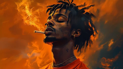 Man with cigarette exhales smoke against fiery orange sky