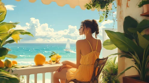 Sunlit balcony portrait overlooking turquoise coastal seascape