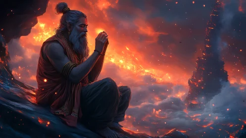 Hermit sage meditating above fiery stormcloud abyss at dusk