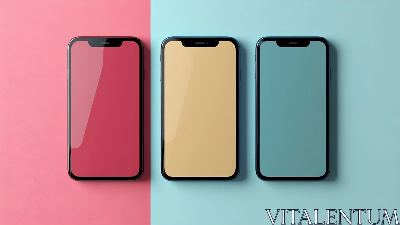 Triad smartphone mockup aligns flat-lay layout and pastel UI surfaces
