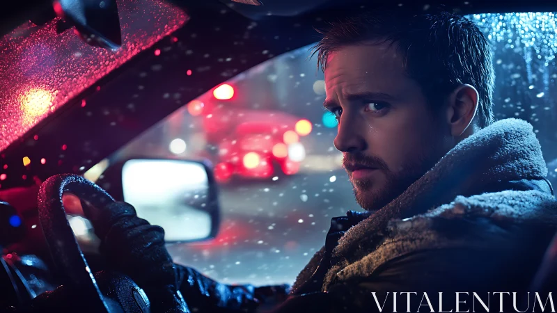 Brooding driver watches neon city lights through winter rain