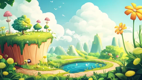 Whimsy meadow plateau above a dreamy looping pond trail.