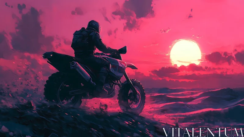 Motorcyclist rides off-road toward large sun at horizon
