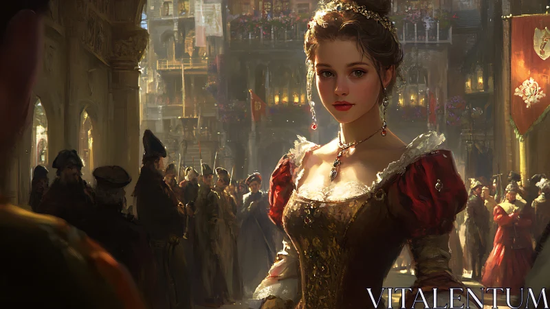 Candlelit noblewoman warmly greets guests in a grand hall