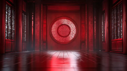 Symmetric red temple corridor with circular lattice viewport glow