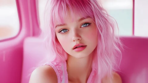 Soft pink glow surrounds a dreamy girl with bright blue eyes