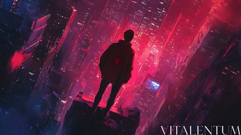 Cyberpunk cityscape with lone figure in neon magenta haze.