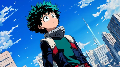 Green haired anime hero stands under bright urban sky.
