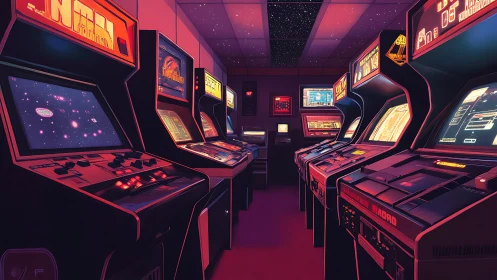 Retro neon arcade hall lined with classic game cabinets.