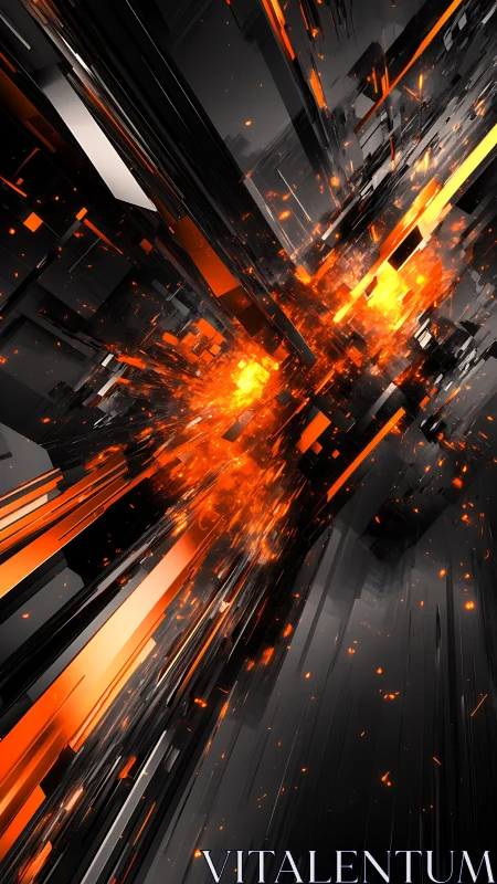 Volumetric orange energy burst through dark tech structures.