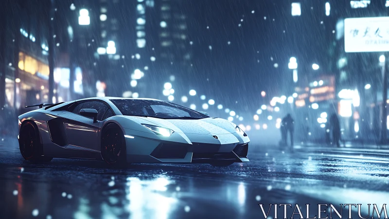 White supercar on wet neon city street at night.