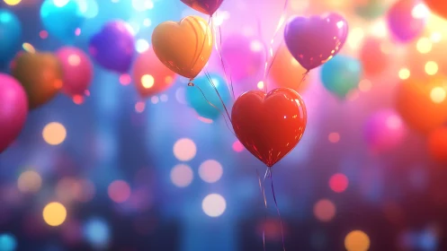 Iridescent Heart-Shaped Balloons with Luminous Bokeh Particles.