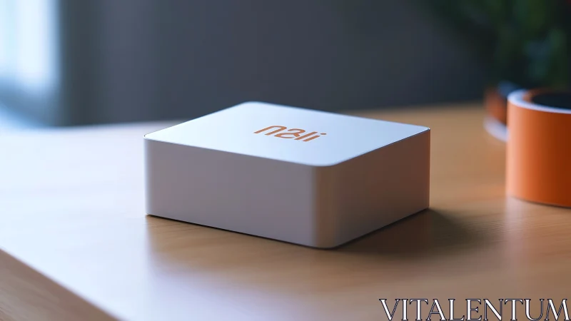 Minimalist white rectangular packaging with embossed branding on wooden desk.