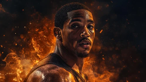 Focused athlete glowing with fiery determination and heart.