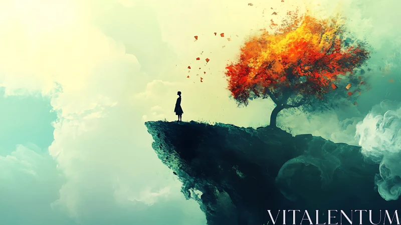 Surreal digital painting of lone figure on cliff and burning tree.