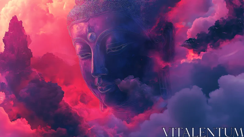 Colossal Buddha visage integrated into neon magenta volumetric clouds