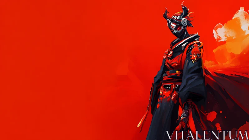 Cyber samurai warrior in black red armor on crimson field.