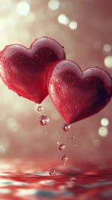 Two crimson hearts suspended in a dreamy moment of love