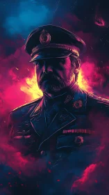 Commanding officer emerges from glowing neon storm clouds