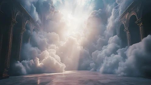 Celestial light floods marble arcade through rising clouds.