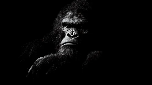 Midnight gorilla studies the dark with carved stone calm