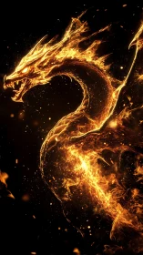 Volumetric fire dragon forms a dynamic serpentine arc in darkness