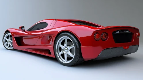 Red mid‑engine sports car in three‑quarter rear view rendering.